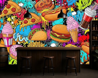 Fast Food Wall Mural, Food Graffiti Wallpaper for Restaurant Bar Cafe, Peel and Stick, Custom Size
