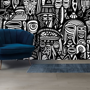 African Artistry Wall Mural Moody Abstract Wallpaper Peel and Stick  African Culture Faces Mural Totem Wall Art Modern Wallpaper Art Deco