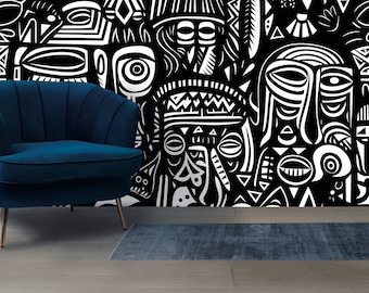 African Artistry Wall Mural Moody Abstract Wallpaper Peel and Stick  African Culture Faces Mural Totem Wall Art Modern Wallpaper Art Deco