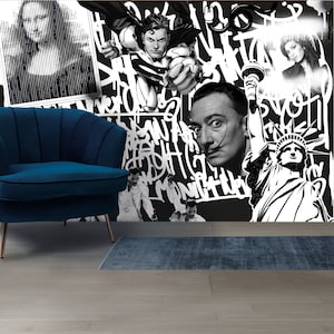 Urban Vintage Wallpaper Graffiti Wall Mural Cartoon Peel & Stick Black and white Abstract Wall art Non woven wallpaper Street Art decor
