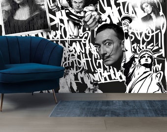 Urban Vintage Wallpaper Graffiti Wall Mural Cartoon Peel & Stick Black and white Abstract Wall art Non woven wallpaper Street Art decor