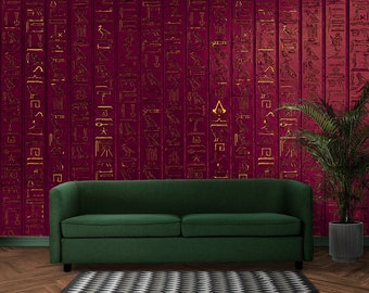 Fondo de pantalla de jeroglíficos rojos egipcios Papiro egipcio antiguo y mural de pared de oro Impresión Peel and Stick Wall Art Mural Decor Home Gold Wall Mural