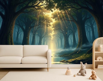 May include: A serene living room scene featuring a cream-colored sofa, a wooden bookshelf, and children's toys. The focal point is a vibrant mural depicting a mystical forest with sunlight streaming through the trees. A rug covers the floor.