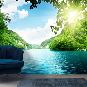 自然の壁紙 湖の壁画 風景 壁飾り 剥がして貼るだけ 山の壁画 リアルな壁紙 粘着式壁デカール 湖の壁アート