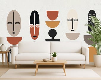 Boho Tribal Wallpaper, Abstract Face Wall Mural, Minimalist Mask Wallpaper, Peel and Stick Removable Wallpaper, Custom Size