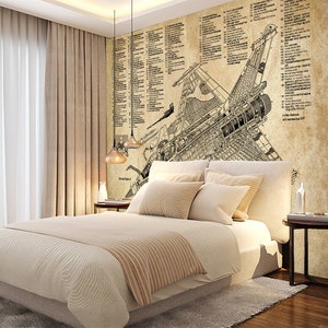 May include: A beige bedroom with a bed and two hanging lights. The wall behind the bed has a vintage style illustration of a plane with numbered parts and text. The bed has a beige headboard and a beige and brown striped blanket.