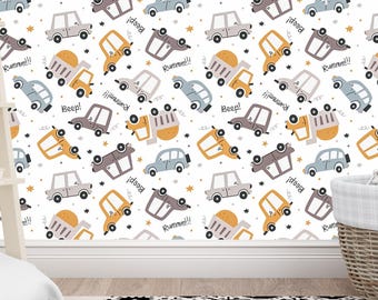Carta da parati con simpatici cartoni animati e auto, murale per cameretta dei bambini, tema trasporti, modello di veicolo divertente, carta da parati per sala giochi, arredamento per cameretta.