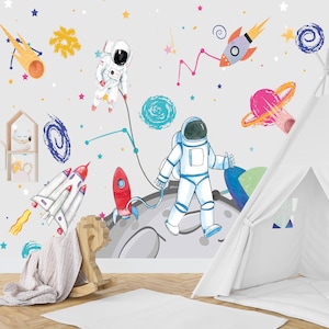 Stellar Space Kids Wallpaper Planet Wall Mural Peel & Stick Astronaut Wall Mural Galaxy Playroom Decor Wallpaper Removable Bedroom Wall art