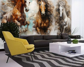 Horse Wallpaper Painting Print Colorful Farm Decor Non-Woven Removable wall Mural for Vintage Western-Inspired Bedroom Jump Horse wall art