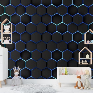 Carta da parati esagoni blu Carta da parati astratta Arte murale Stacca e incolla Carta da parati geometrica Modello murale Decorazione sala giochi Carta da parati non tessuta