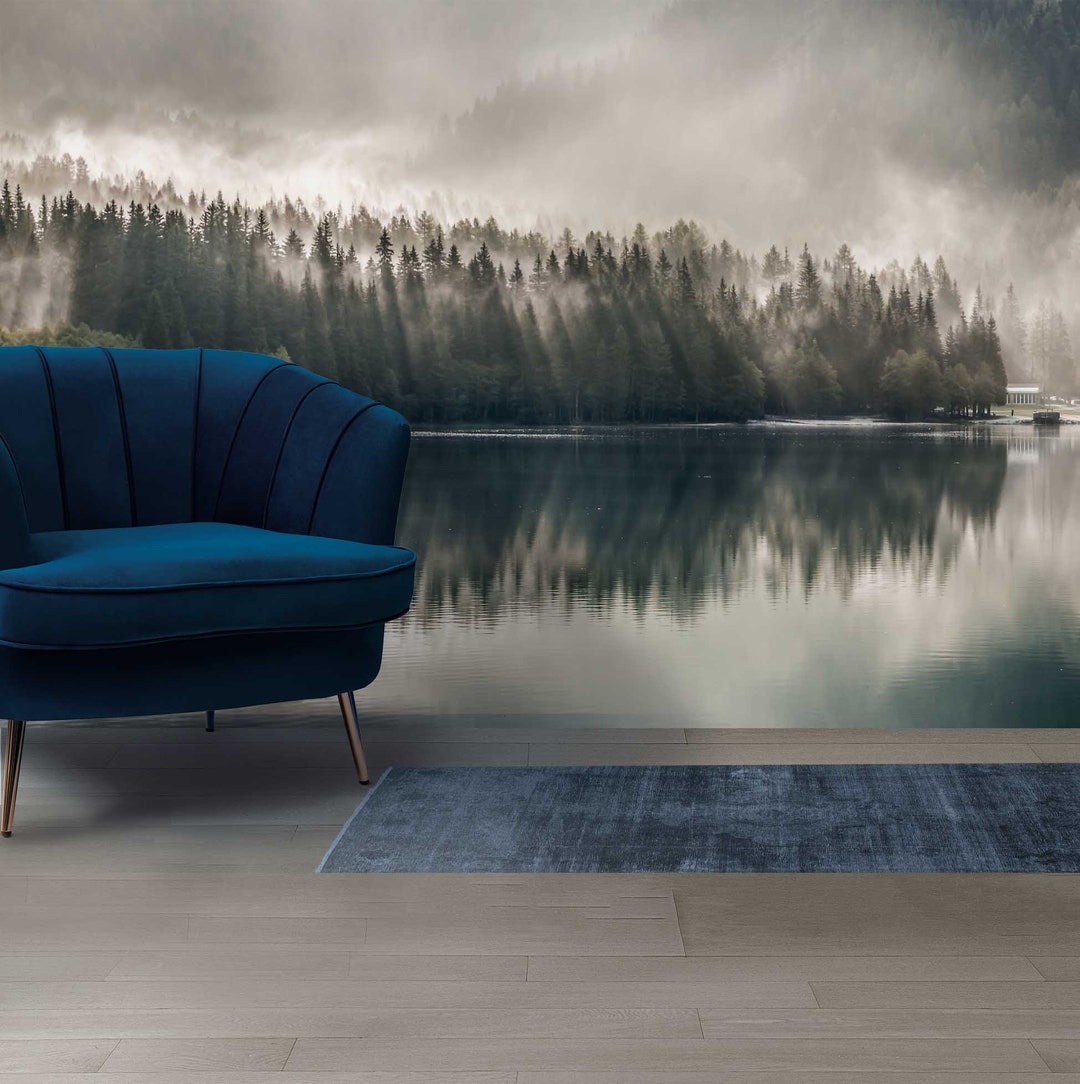 Lake in Forest Peel and Stick Wallpaper Removable Wall Mural Foggy ...