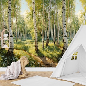 Birke Wandbild Wald Tapete Natur Wandkunst Kinderzimmer Tapete Spielzimmer Wanddekor Abnehmbares Peel & Stick Tapete Grünes Wandbild