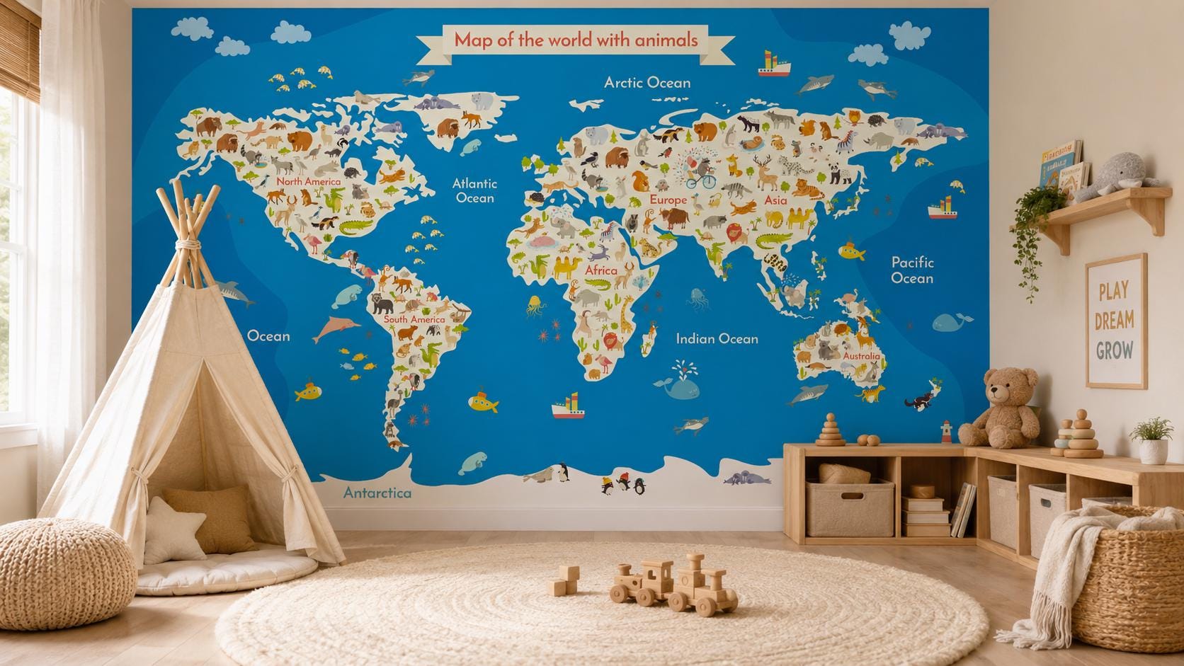 Kids World Map Wall Mural, Animal Map Wallpaper, Nursery Peel and Stick ...