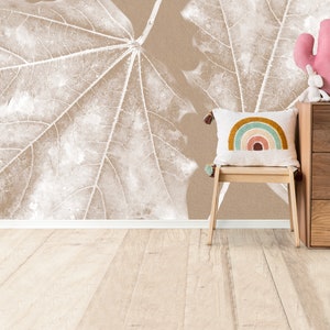 Beige Leaf Wallpaper Removable wallpaper Peel & Stick Elegant Floral Wall Mural nursery Minimalist Wallpaper boho Home Decor Modern Wall art