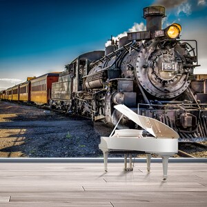 May include: A vintage steam locomotive train with a white grand piano in the foreground. The train is black and red with the number 484 on the side. The train is on a track with a blue sky in the background.