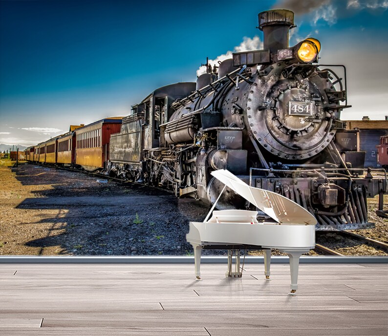 May include: A vintage steam locomotive train with a white grand piano in the foreground. The train is black and red with the number 484 on the side. The train is on a track with a blue sky in the background.