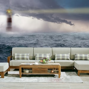 Lighthouse in bad weather at sea Wall Murals for Living Room Peel & Stick Wallpaper Storm Mural Coastal Removable wall Mural Beach Wallpaper