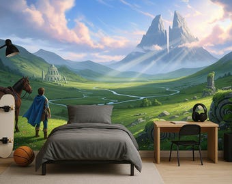 Puede incluir: Una escena de dormitorio con un mural de paisaje de fantasía que representa montañas, un río y una figura con capa azul. La habitación incluye una cama, escritorio, monopatín, baloncesto y un caballo.