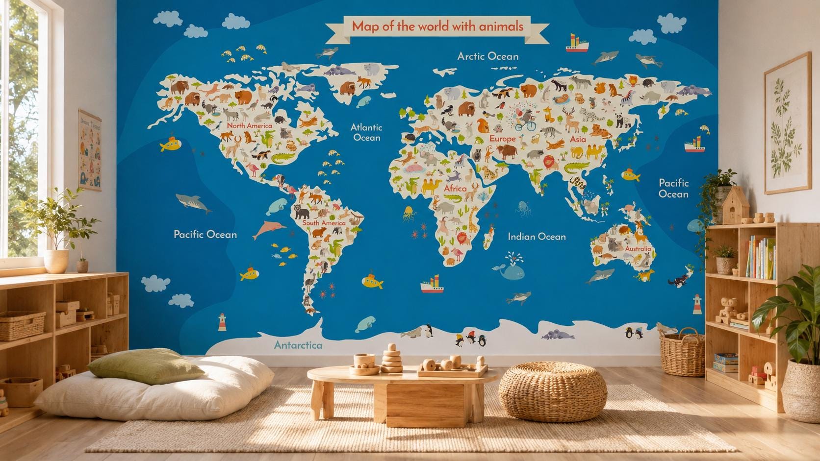 Kids World Map Wall Mural, Animal Map Wallpaper, Nursery Peel and Stick ...