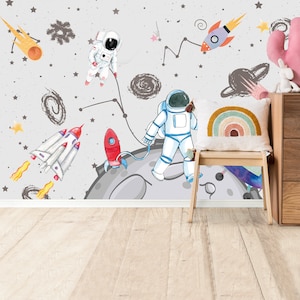 Papel tapiz espacial para niños Mural de pared de astronauta Decoración de habitación de niños Mural de cohetes Papel tapiz removible Arte de pared para guardería despegable Mural de nave espacial