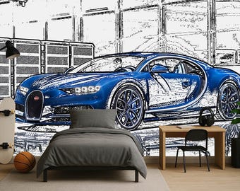 Mural de parede de carro esportivo, papel de parede azul de supercarro para quarto de adolescente, autoadesivo, tamanho personalizado