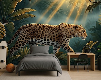 Leopard Wall Mural, Tropical Jungle Wallpaper, Safari Animal Peel and Stick or Non-Woven Wall Mural, Custom Size