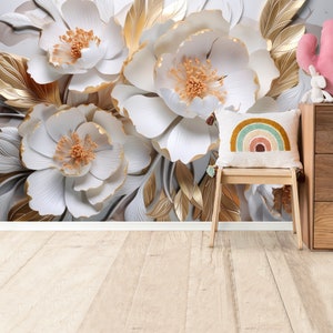 Carta da parati floreale 3D staccabile e incollata Foglie dorate Carta da parati Carta da parati astratta con fiori Elegance Carta da parati astratta rimovibile Grande stampa murale
