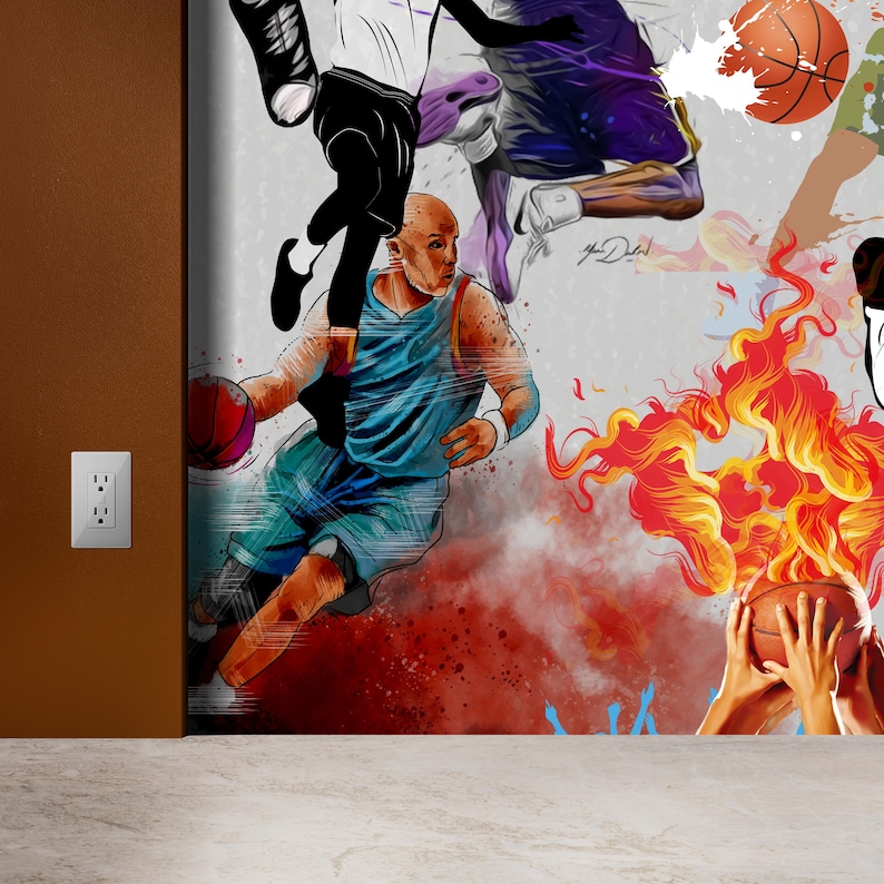 A gym interior with a wall mural featuring a basketball theme. The mural is a collage of basketball players in various poses, basketballs, and basketball hoops. The gym also has a weight bench, dumbbells, a kettlebell, and a blue exercise ball.