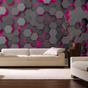 Geometric Pink Wall Mural Abstract Wallpaper Hi-Tech 3D Textured Geometric wall art Peel and Stick Hexagon Wallpaper Decor Playroom Gaming