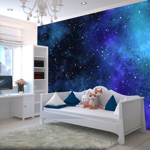 Space Theme Wallpaper Starry Night Sky Living Room Wall Mural Peel and ...