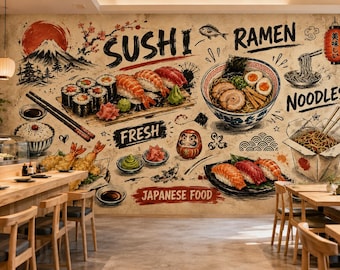 Mural de papel pintado para restaurante de ramen, mural de pared para bar de sushi y fideos para cafetería japonesa, autoadhesivo, tamaño personalizado.