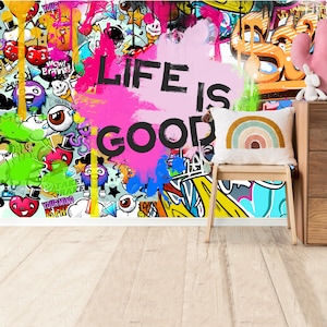 Graffiti Wallpaper Life is Good Mural Street Art Abstract Graffiti Removable Wallpaper Peel and Stick Mural Funky Wall decor Teenager room
