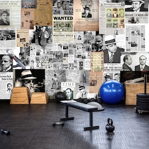 Vintage Gangster Tapete Schwarzweiß Zeitungsbild Schälen und Aufkleben Collage Retro Wandbild Mafia Wandkunst Restaurant Tapete Pub Dekor