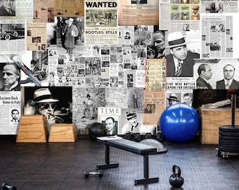 Vintage Gangster Wallpaper Black and White Newspaper Mural Peel and stick Collage Retro mural Mafia wall art Restaurant wallpaper Pub decor