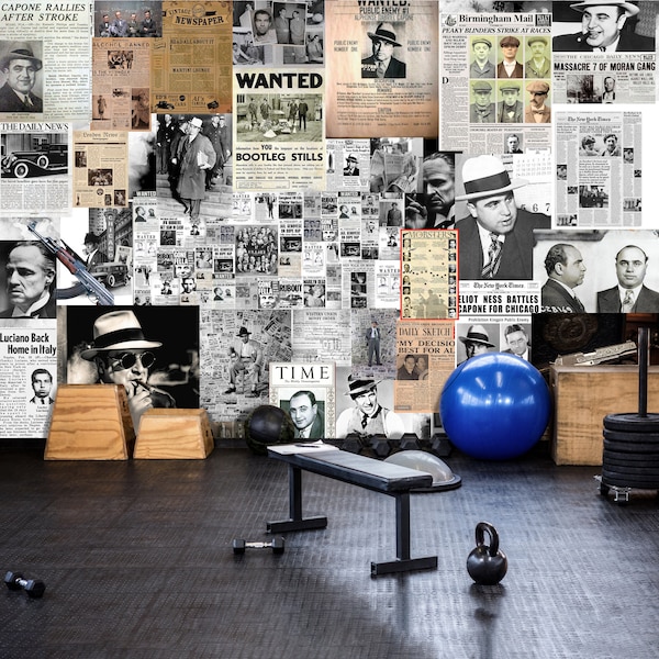 Vintage Gangster Wallpaper Black and White Newspaper Mural Peel and stick Collage Retro mural Mafia wall art Restaurant wallpaper Pub decor