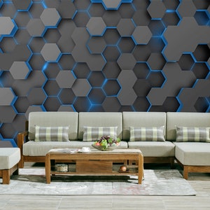 Blue Hexagon Shapes Abstract Wall Art Geometric Hi-Tech Mural Wallpaper Print Peel & Stick Gaming Wall Decor Home Room Decor Peel and Stick