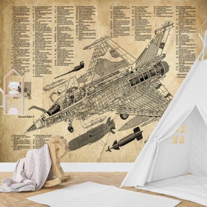 Vintage Aviation Wallpaper Fighter Blueprint Mural Boy Room Peel & Stick Removable Wallpaper Dassault Rafale Engineering mural Navy wall art