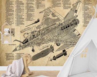 May include: A detailed cutaway illustration of a Dassault Rafale B fighter jet on a vintage paper background. The illustration shows the internal workings of the aircraft, including the engine, weapons systems, and other components. The image also includes text labels identifying the different parts of the aircraft.