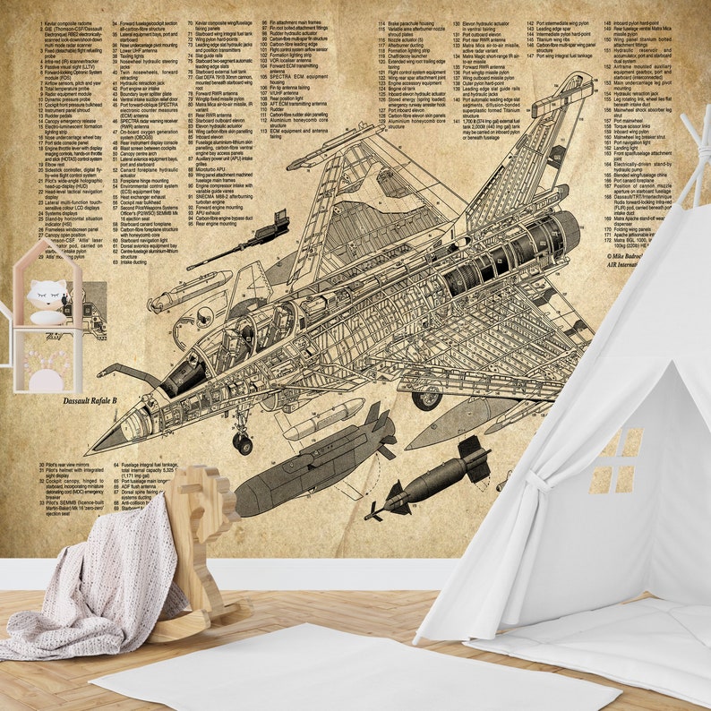 May include: A detailed cutaway illustration of a Dassault Rafale B fighter jet on a vintage paper background. The illustration shows the internal workings of the aircraft, including the engine, weapons systems, and other components. The image also includes text labels identifying the different parts of the aircraft.