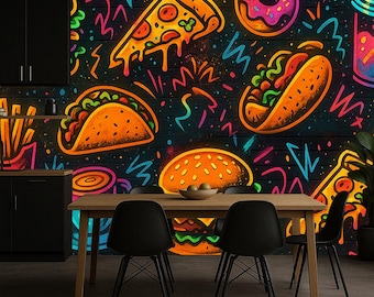 Restaurant Wall Mural Custom Size, Neon Fast Food Wallpaper, Cafe Graffiti Burger Pizza Wall Mural, Peel and Stick