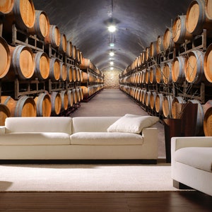 Wine Cellar With Barrels Wallpaper Bar Wall Mural Peel and Stick Oak ...
