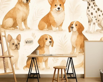 Papel pintado de perritos adorables para la habitación de los niños. Mural de pared de cachorros en acuarela. Papel pintado autoadhesivo para la habitación infantil. Decoración de pared de perros para la sala de juegos.