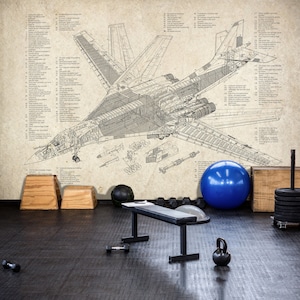 Bomber Plane Blueprint Wallpaper – Vintage Aviation Mural, Peel and Stick Garage Wall Decor, Removable Boys Room Wallpaper