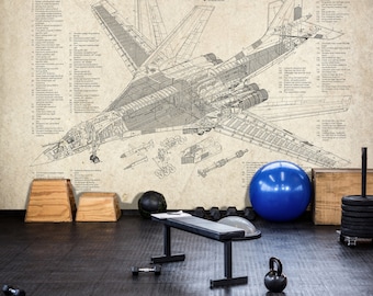 May include: A black and white line drawing of an aircraft with a cutaway view of the interior. The drawing is on a beige background with text labels. The drawing is on a wall in a gym with a weight bench, dumbbells, a kettlebell, and a blue exercise ball.