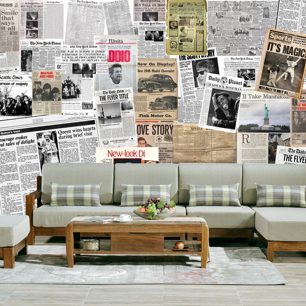 Retro Newspaper Wallpaper Collage Wall Mural Creative Old Newsprint Wallpaper Restaurant Wall mural Peel and Stick Vintage Cafe wall mural