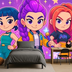 Anime Girls Wallpaper – Peel & Stick Wall Mural, Colorful Cartoon Wall Art, Kids Room Decor, Teen Bedroom Gaming Wallpaper