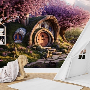 Papier peint Hobbit fantaisie pour porte avec maison de hobbit, parfait pour la chambre d'enfant et la salle de jeux sur le thème de la forêt enchantée et du paysage
