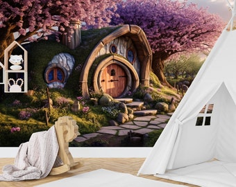 Hobbit Wallpaper Fantasy Door Mural with Hobbit House Perfect for Nursery and Playroom Enchanting Forest and Landscape Theme Peel and stick