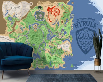Zelda Map Hyrule Wallpaper & Gaming Mural Legend of Zelda Tears of the Kingdom Peel and stick Video game wall Decor for Kids Playroom decal