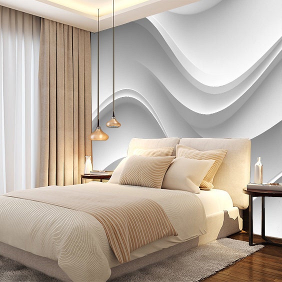 White Gypsum Abstract Waves Wallpaper 3D Wall Mural Texture Wallpaper Modern Peel & Stick Wallpaper Minimalist Mural Architectural Wallpaper